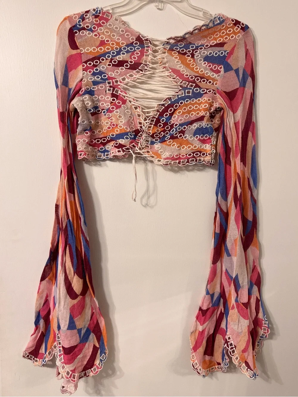 Free People Eyes On You- Crochet Lace-Up Eyelet Cropped long sleeve festival top